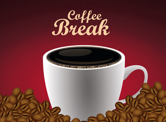 coffee break lettering poster with cup and seeds in red background