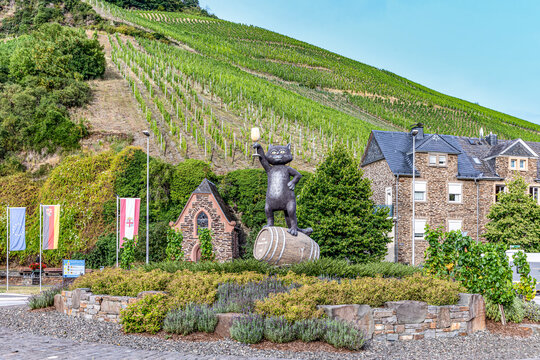 scenic view to village of Zell at the Moselle valley with symbol black cat