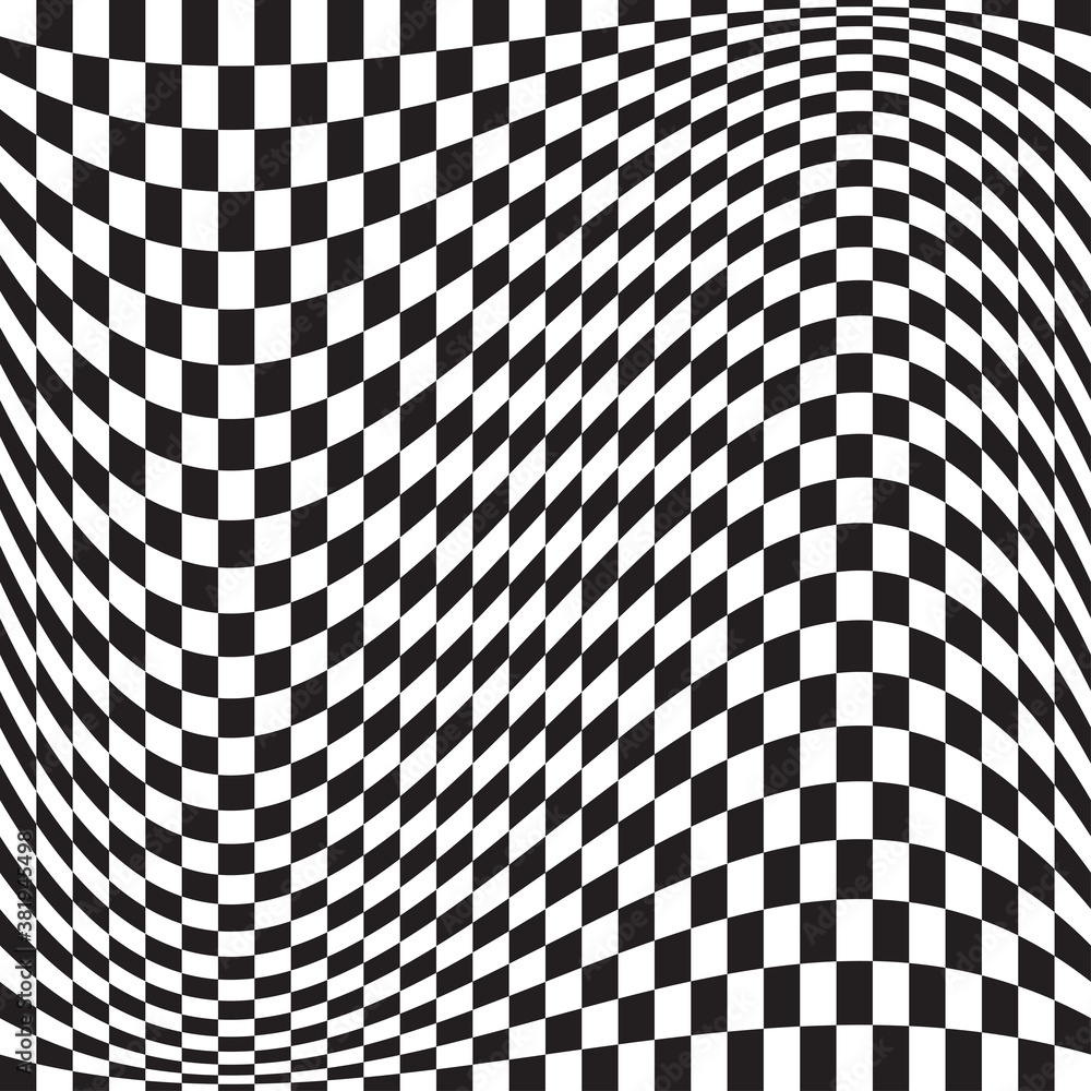Poster Wavy, waving version Checkered, chequered, chessboard surface with distortion, deformation effect. Distort, deform squares background, pattern.