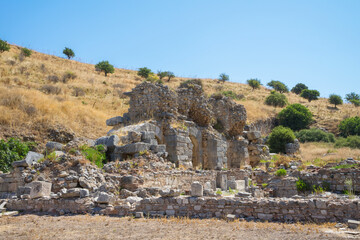 Fototapeta premium Ruins in the ancient Greek city Ephesus or Efes on the coast of Ionia in Izmir Province, Turkey in summer day