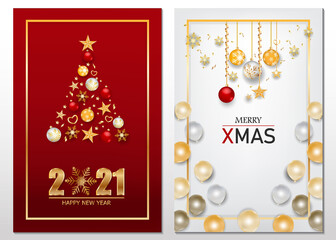 Fototapeta na wymiar Xmas and Happy New Year 2021. Xmas decorative design elements on red bakcground. Horizontal Christmas posters, greeting cards.