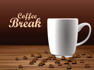 coffee break lettering poster with cup and seeds in wooden table