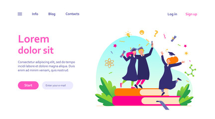 Happy students graduating with academic diploma flat vector illustration. Cartoon girls and guy celebrating graduation from university or college. Education and learning concept