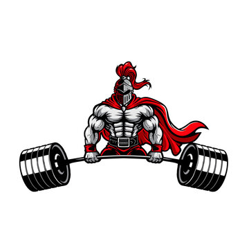 muscular Gladiator with barbell, vector, logo, cartoon, mascot, character