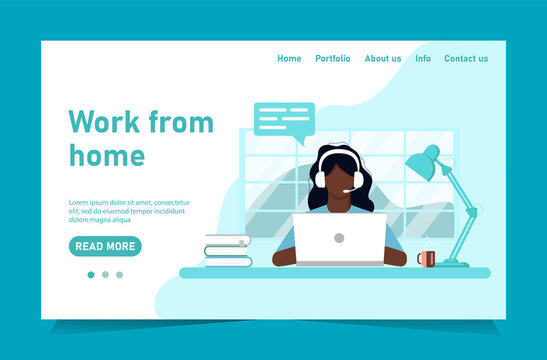 Concept for website template and work from home banner. Girl freelancer in headphones at a laptop works from home office chat customer support, training. Graphics in a flat style in blue colors