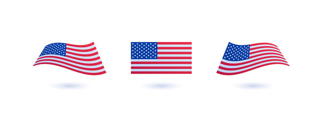 American flag set. Vector illustration. Collection of flat and waving flag icon with shadow. Design element for holiday, elections infographic and web banner.