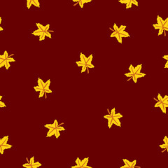 Seamless pattern with yellow maple leaves. Brown stem. Maroon background. Autumn or summer. Nature or ecology. Doodle cartoon style. For postcards, wrapping paper textile, wallpaper and scrapbooking