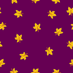 Seamless pattern with yellow maple leaves. Brown stem. Purple background. Autumn or summer. Nature or ecology. Doodle cartoon style. For postcards, wrapping paper textile, wallpaper and scrapbooking