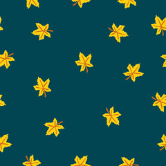 Seamless pattern with yellow maple leaves. Brown stem. Green background. Autumn or summer. Nature or ecology. Doodle cartoon style. For postcards, wrapping paper textile, wallpaper and scrapbooking