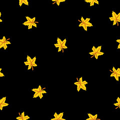 Seamless pattern with yellow maple leaves. Brown stem. Black background. Autumn or summer. Nature or ecology. Doodle cartoon style. For postcards, wrapping paper textile, wallpaper and scrapbooking