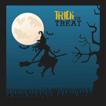 happy halloween celebration with witch flying in broom and moon night scene
