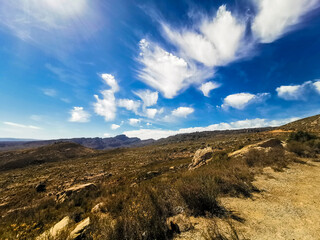 High Resolution Blue Sky and Clouds over Rocky Meadow in the Rocklands, Cederberg, South Africa, Colourful Sky, Colorful Clouds, Horizon Panorama.