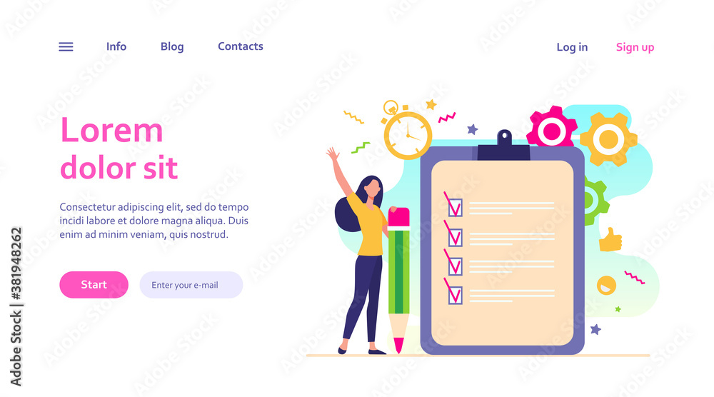 Aufkleber checklist or survey concepts. woman with pencil checking boxes in task list. vector illustration for