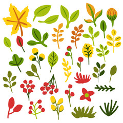 Collection with hand drawn autumn leaves and branches isolated on white. Yellow, green and orange. Doodle cartoon style. Botanical sketch. Graphic element. For postcards, scrapbooking, print
