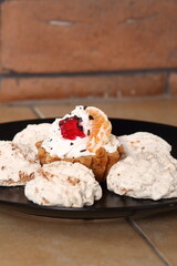 Coconut Meringue and Tart with Jam, Whipped Cream, Fruits