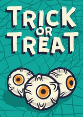 Colored halloween party invitation, banner, poster or postcard with scary horrible eyeball and horror eyes illustrations for october holiday design