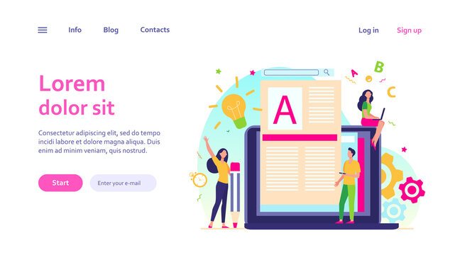 Content author or writer job concept. Freelance blogger at laptop writing creative article, editing text. Vector illustration for blogging, seo marketing, online education topics