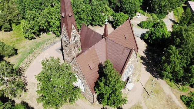 Old nice catholic church. on the shore of lake or sea. Primorsk Koivisto, aerial