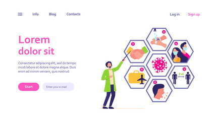 Doctor presenting tips for protection from coronavirus and epidemic spread prevention. Vector illustration for covid 19, symptoms, protection, safety, infection concept