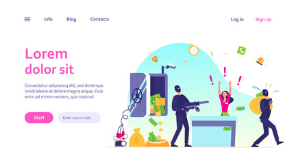 Bank robbery concept. Criminals in face masks aiming riffle at bank employee, carrying money out from safe. Can be used for burglars, gangsters, finance crime, bank security topics