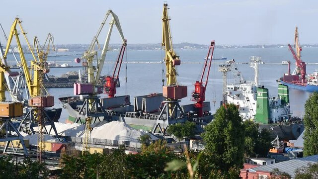 Bulker ship under load of clinker cargo loading by shore cranes with grabs. Bulk cargo terminal of maritime port. Time lapse 4K. Logistics industrial background