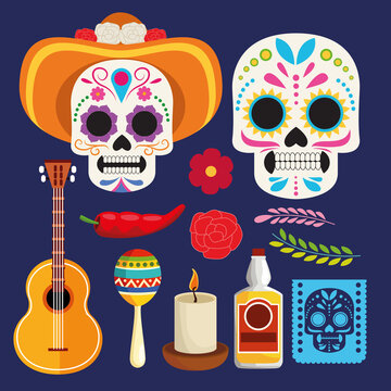 dia de los muertos celebration poster with skulls couple and instruments