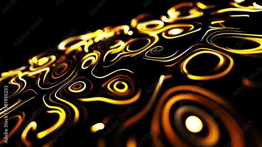 Poster yellow flow of particles forms curled glow lines or light streaks like glow trails, lines form swirl