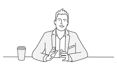 Businessman in suit with coffee on the table lead videoconference.