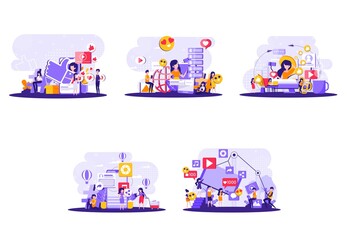 social media pack of tiny people illustrations. Vector illustration
