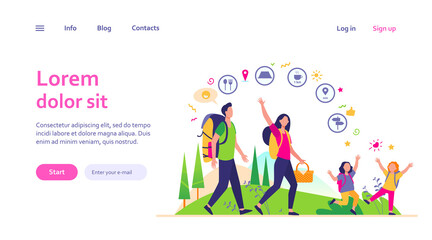 Family hiking or location app concept. Father, mother and children walking outdoors, carrying backpacks and picnic basket. Vector illustration for camping, adventure travel, active hikers topics