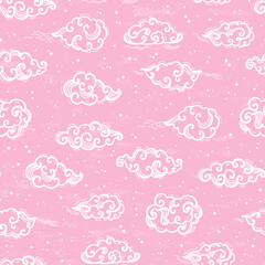 Chinese or Japanese Cute White Clouds Vector Seamless Pattern. Sky Pink Background