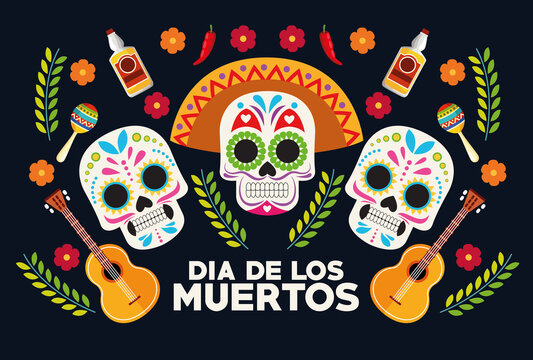 dia de los muertos celebration poster with skulls heads group and guitars