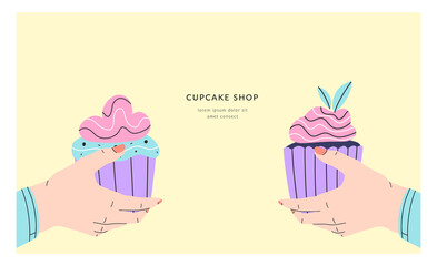 Female hands holding different cute cupcakes. Confectionery, bakery cafe, candy sweet shop. Template with space for text.  Vector hand drawn flat style. 