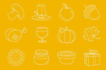 Thanksgiving day Icons set - Vector outline symbols of pumpkin, turkey, apple, pie, hat, wine and honey for the site or interface