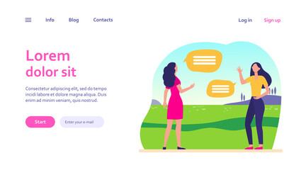 Women keeping social distance. Female friends meeting and talking outdoors flat vector illustration. Communication, pandemic, epidemic concept for banner, website design or landing web page