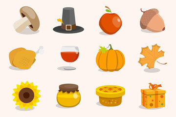 Thanksgiving day Icons set - Vector color symbols of pumpkin, turkey, apple, pie, hat, wine and honey for the site or interface