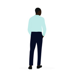 Black male character in shirt and trousers stands with his back on white background