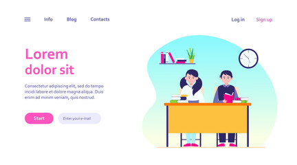 Fototapeta premium School students in classroom. Teen children sitting at desk and reading books flat vector illustration. Back to school, class, knowledge concept for banner, website design or landing web page