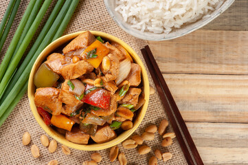 Kung pao chicken. Chinese traditional food. Chess chicken. Top view. Copy view