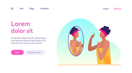 Woman standing in bathroom and using cream. Mirror, towel, face flat vector illustration. Hygiene and beauty concept for banner, website design or landing web page