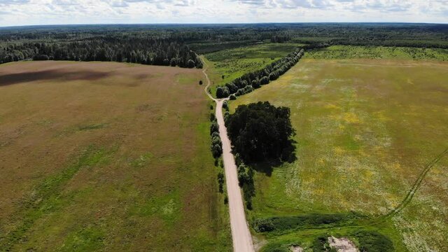 Crossroads two gravel roads. Bushes in summer field. Aerial view countryside