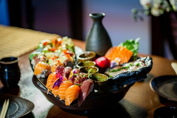 Japanese food with sushi and seafood