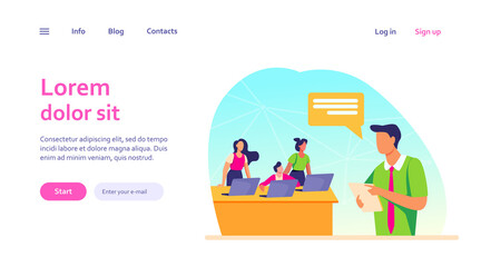 Office employees listening manager with clipboard. Laptop, worker, staff flat vector illustration. Business and management concept for banner, website design or landing web page