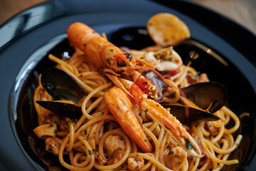 Pasta with shrimps, seafood dinner