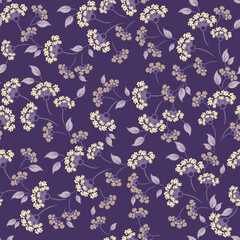 Ditsy pattern. Vector floral seamless texture. Abstract background with simple small yellow flowers, leaves on purple backdrop. Liberty style wallpapers. Elegant repeated design for decor, fabric 