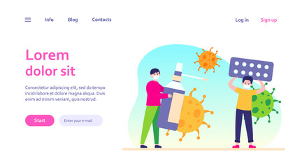 Protection from virus. Guy holding pills, his friend self protecting with mask and sanitizer flat vector illustration. Coronavirus epidemic concept for banner, website design or landing web page