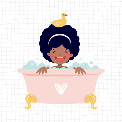 Illustration with a girl in the bath. Cartoon style