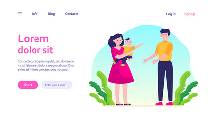 Parents soothing little child. Sad mom giving crying son to smiling dad flat vector illustration. Parenthood problems, stress concept for banner, website design or landing web page