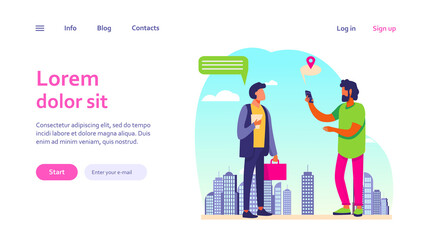 People using location app on phone. Asking way, speech bubble with map pointer flat vector illustration. Navigation, travel, communication concept for banner, website design or landing web page