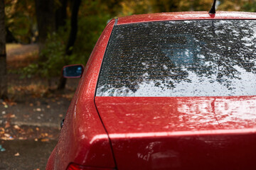 Back window of red car parked on the street in autumn rainy day, rear view. Mock-up for sticker or...